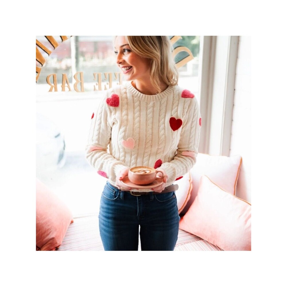 Kiel James Patrick Sweater Womens XXL Cable Knit Hearts Patch Valentine